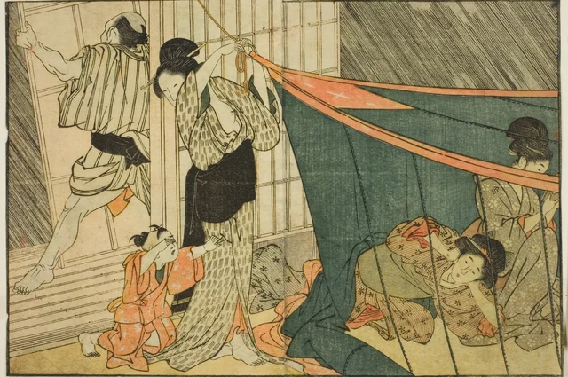 Femmes sous une moustiquaire pendant un orage, du livre illustré Livre d'images des fleurs des quatre saisons, volume 1, Kitagawa Utamaro