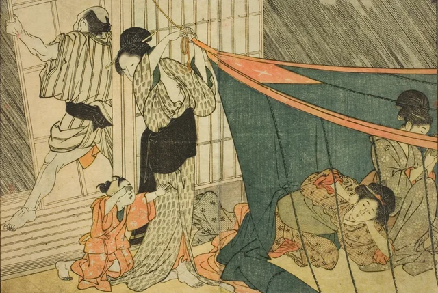 Mujeres bajo un mosquitero durante una tormenta, del libro ilustrado Libro de imágenes de las flores de las cuatro estaciones, volumen 1