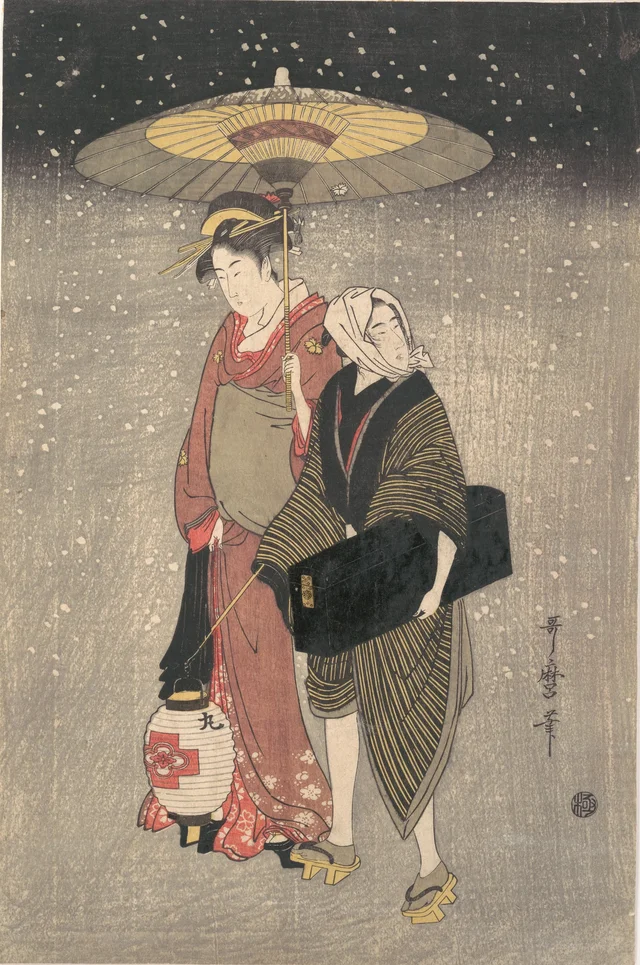 Geisha marchant dans la neige la nuit
