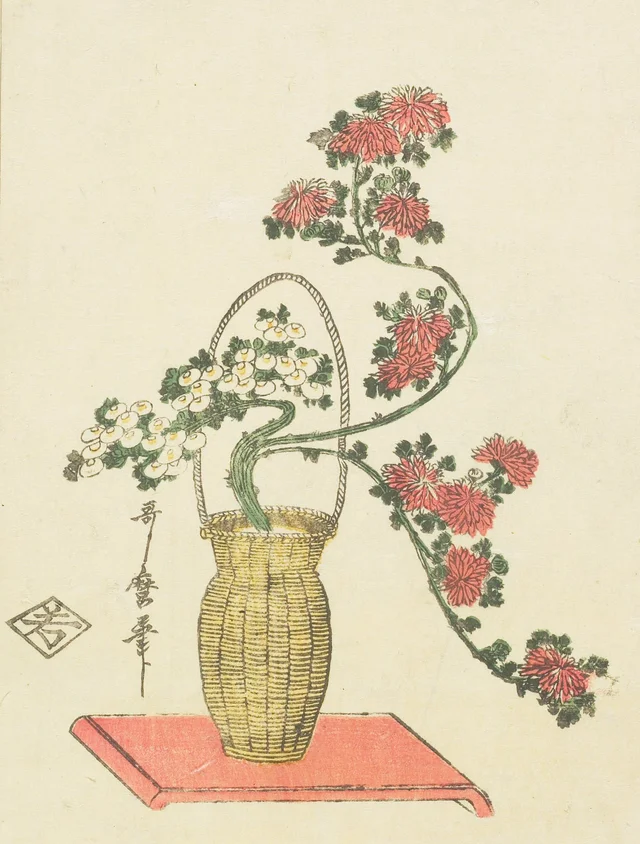 Ikebana de crisantemos y bambú en una cesta, Kitagawa Utamaro