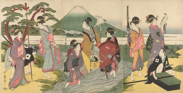 Jeune homme et sa suite traversant un ruisseau devant le mont Fuji