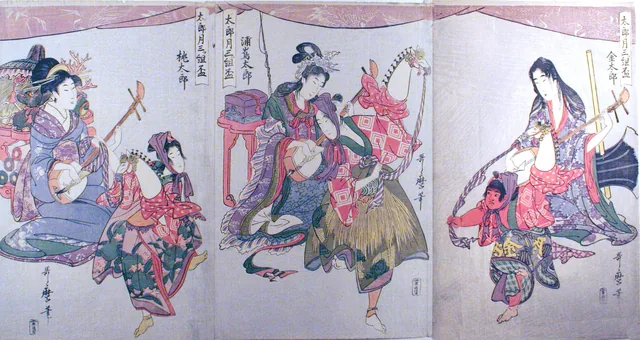 Kintarō, Urashimatarō et Momotarō, du triptyque Jeu de trois coupes de saké des Tarō pour le premier mois