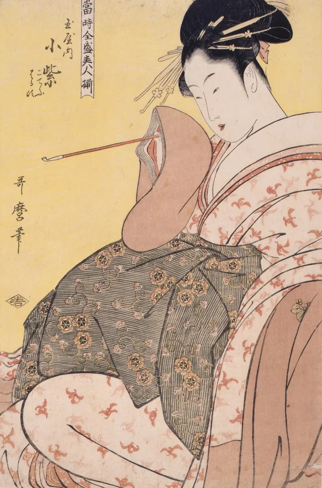 Komurasaki de la Tamaya, avec Kochō et Haruji, de la série Les Beautés en vogue d'aujourd'hui, Kitagawa Utamaro