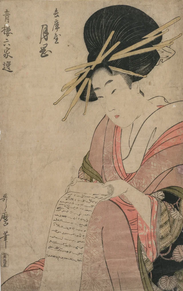La Courtisane Tsukioka du Hyōgoya roulant une lettre, de la série Choix de six auteurs des maisons vertes, Kitagawa Utamaro