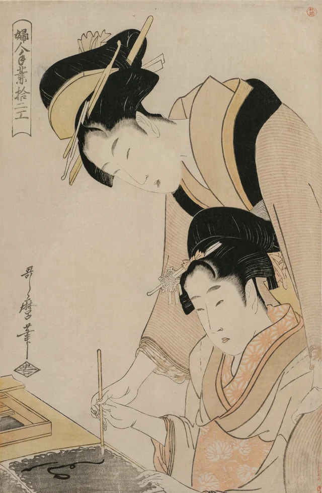 Mother Teaching her Daughter Calligraphy, from the series, Twelve Occupations of Women, Kitagawa Utamaro