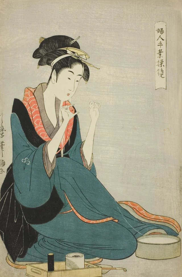 Tying Thread, from the series “Women’s Handicrafts: Models of Dexterity" ("Fujin tewaza ayatsuri kagami"), Kitagawa Utamaro