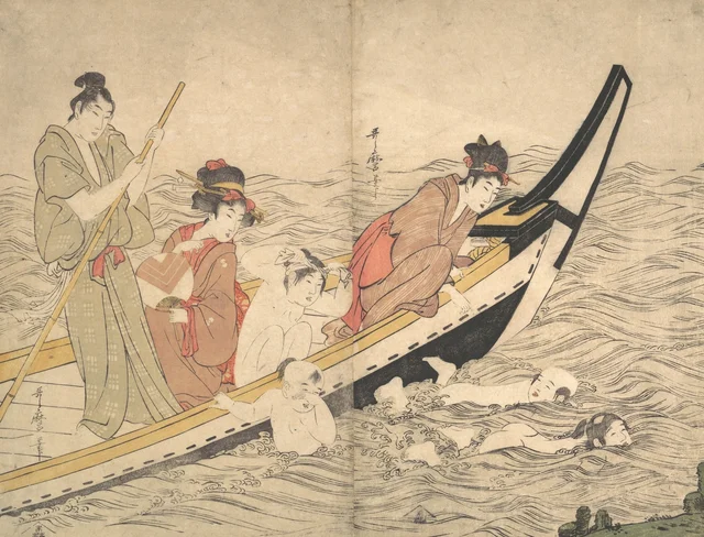 Paseo en barca con niños nadando, Kitagawa Utamaro