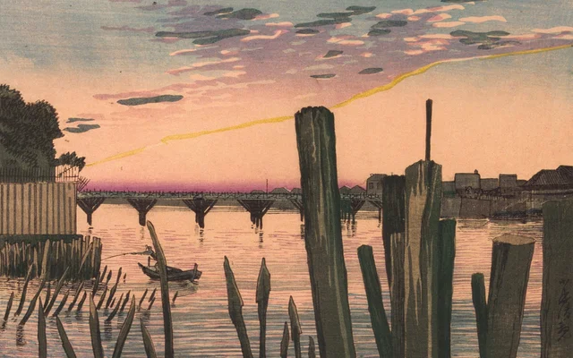 Pieux de brise-lames et pont de Ryōgoku
