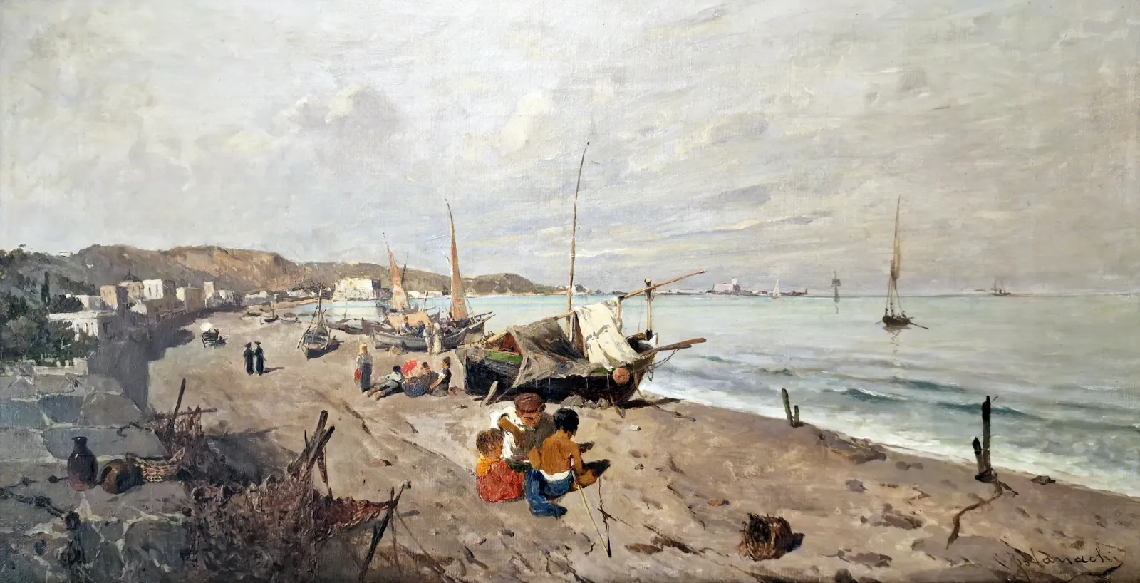 Boats and children on the beach, Konstantinos Volanakis