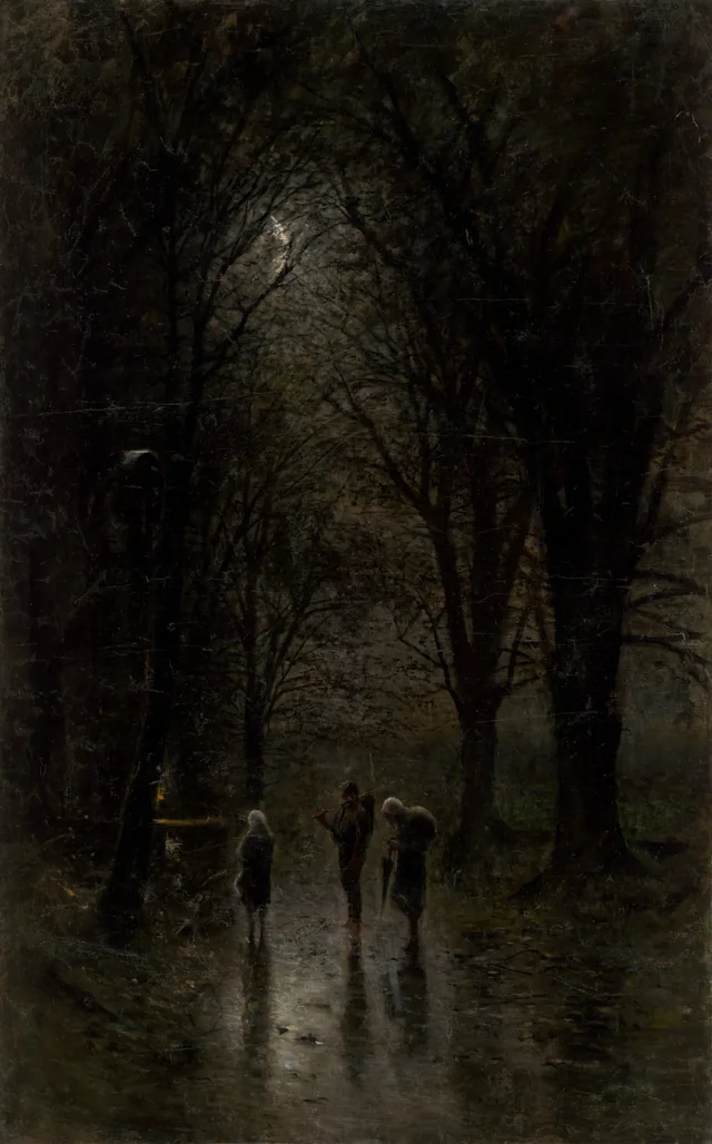 Peregrinos nocturnos junto a la cruz (Camino por el bosque)