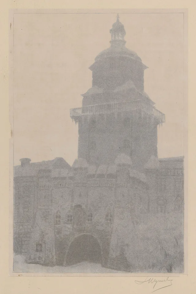 A porta de Cracóvia em Lublin (no inverno, ao crepúsculo)