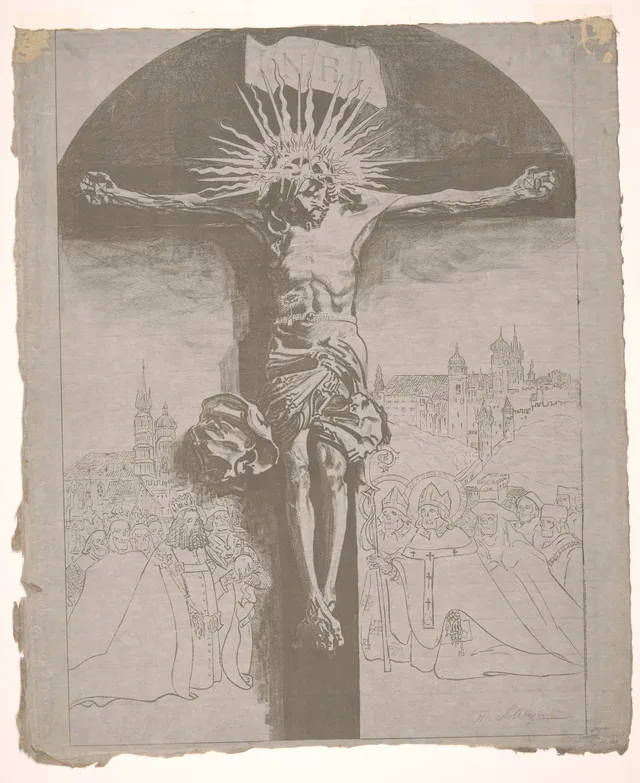 Cristo na cruz adorado por santos e reis da Polônia, diante da igreja de Santa Maria e do Wawel