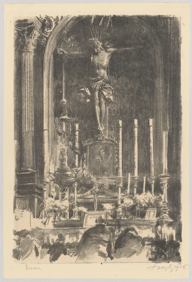 Cristo na cruz, com Wyczółkowski rezando