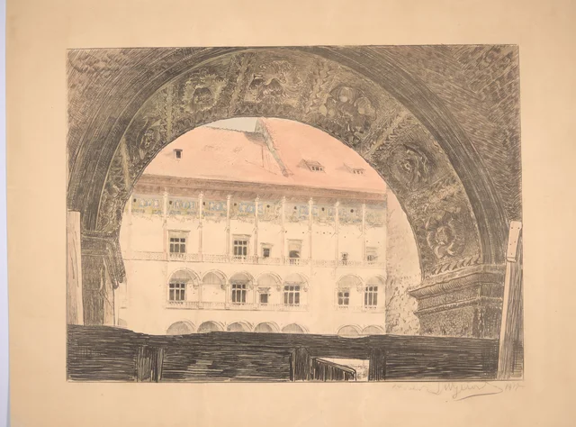 Pátio com arcadas do Wawel visto pela porta de entrada