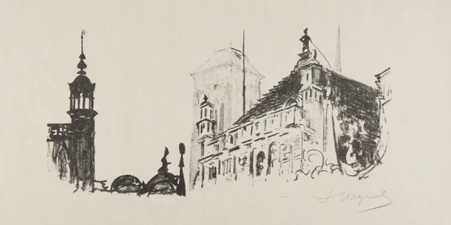 Fragmento da velha Gdańsk com o torreão da prefeitura, a Corte de Artus e a torre da igreja de Santa Maria