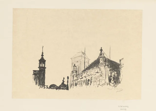 Motivo da velha Gdańsk, a empena da Corte de Artus, o torreão de canto da prefeitura e a torre da igreja de Santa Maria ao fundo