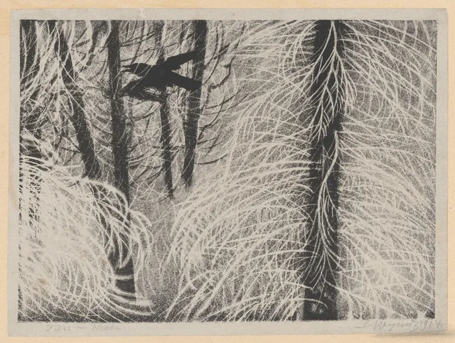 Spruces with snow-covered dry twigs and a raven flying by, Leon Wyczółkowski