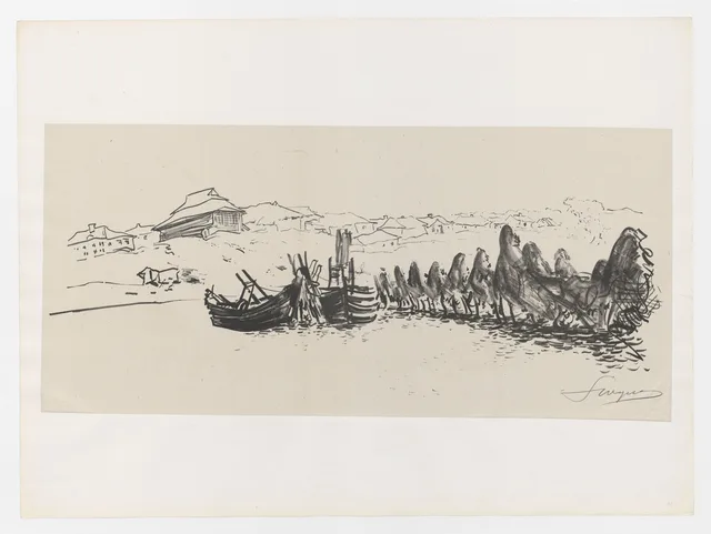 Aldeia de pescadores, barcos e redes