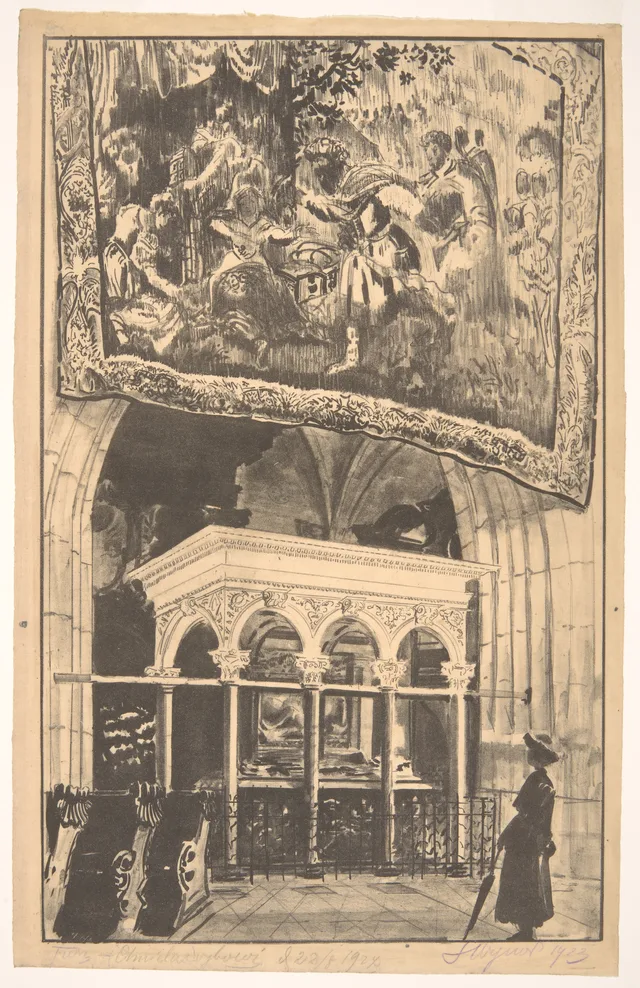 O interior da catedral de Wawel com o túmulo de Ladislau Jagelão e uma tapeçaria