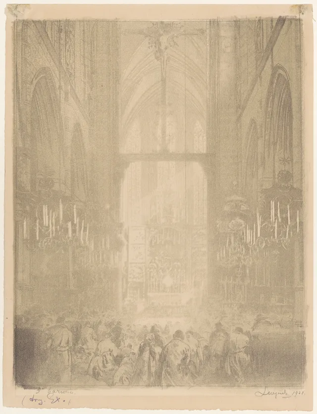 Interior da igreja com o retábulo de Veit Stoss durante o ofício