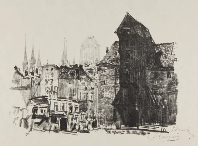 O guindaste e uma vista de Gdańsk