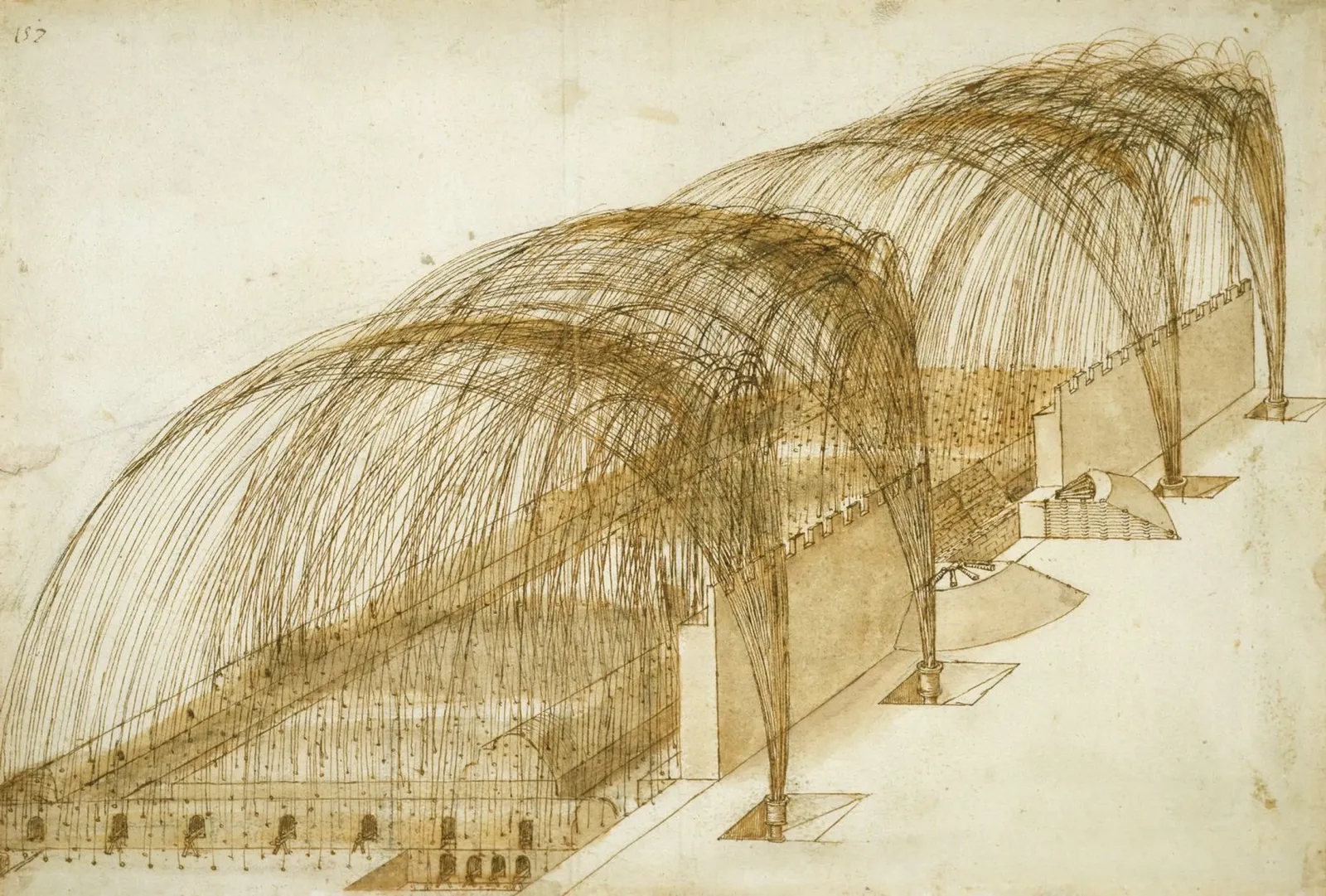 A Row of Four Mortars firing Stones into the Courtyard of a Fort, Leonardo da Vinci