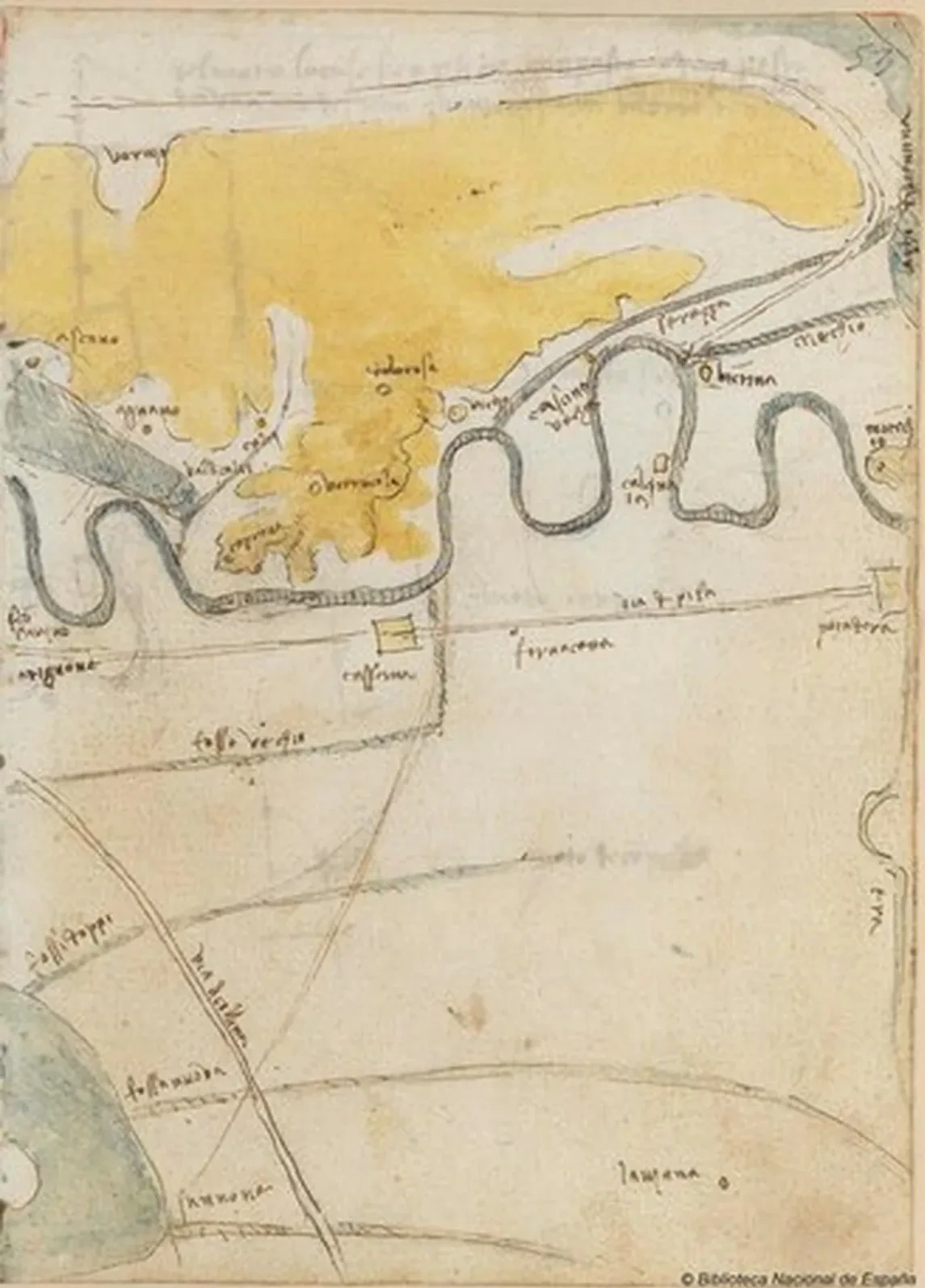 Étude cartographique du réseau de canaux partant de l'Arno, autour de Pise, Léonard de Vinci