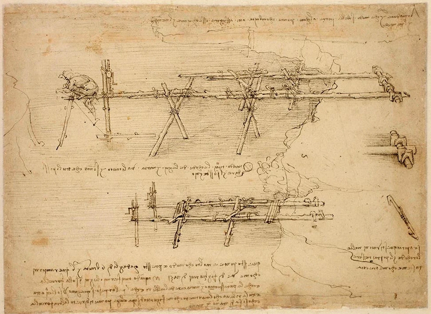 Construction d'un pont d'échafaudage, Léonard de Vinci
