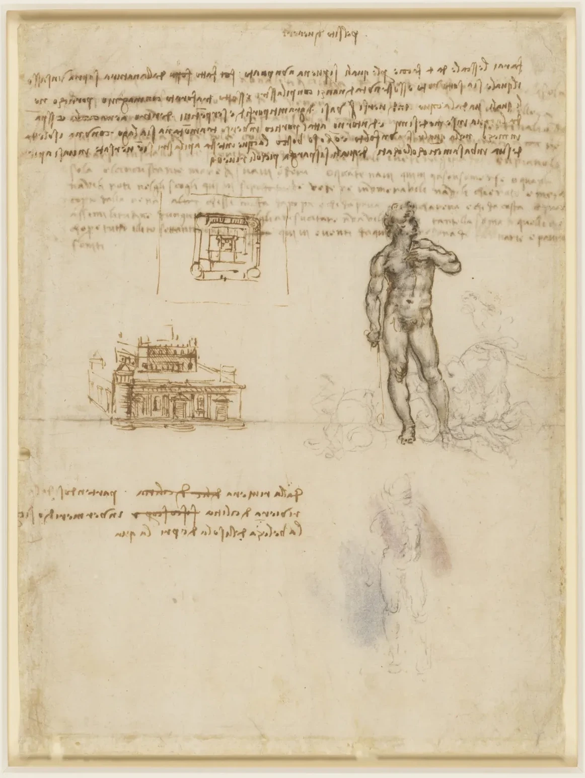 Dessin d'après le David de Michel-Ange et croquis d'architecture, Léonard de Vinci