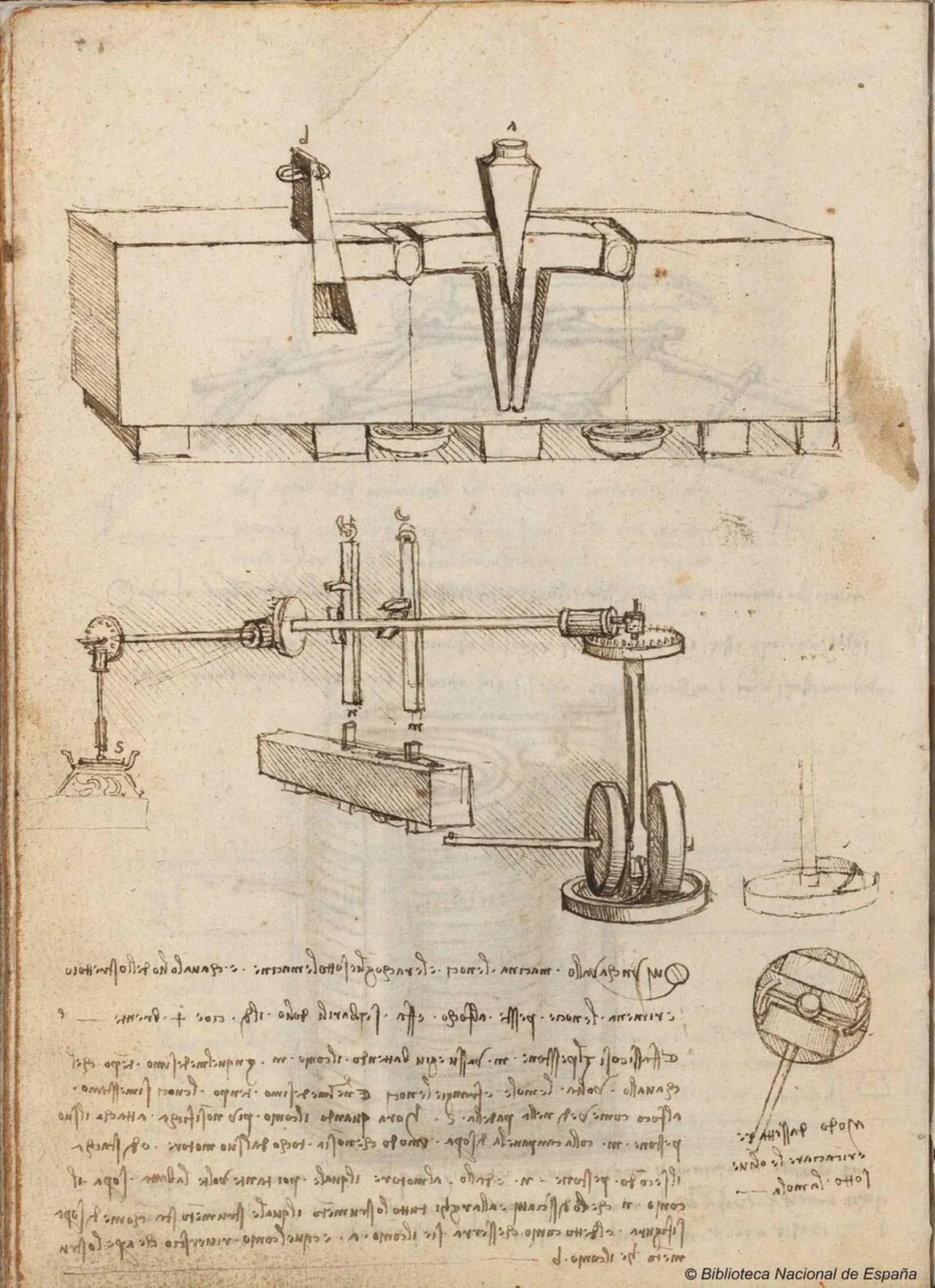 Dessin d'un pressoir et d'un moulin à huile, Léonard de Vinci