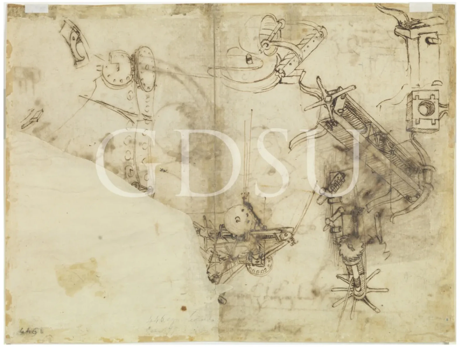 Dessin de deux têtes de profil et études de machines, Léonard de Vinci