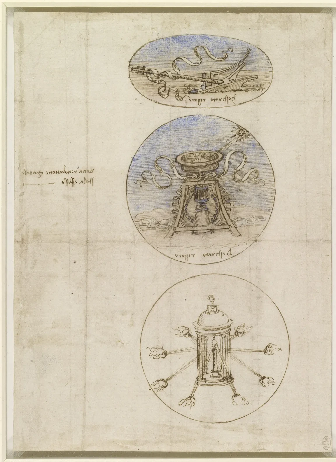 Dessins de divers emblèmes (charrue, compas et lanterne), Léonard de Vinci
