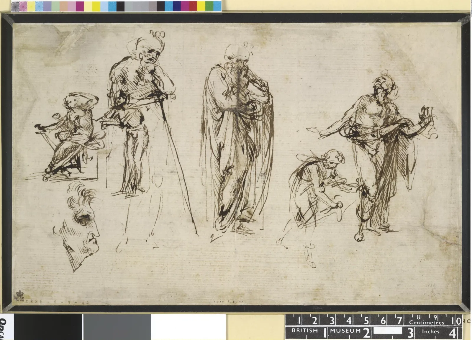 Figural Studies for the Adoration of the Magi and a Head in Profile, Leonardo da Vinci