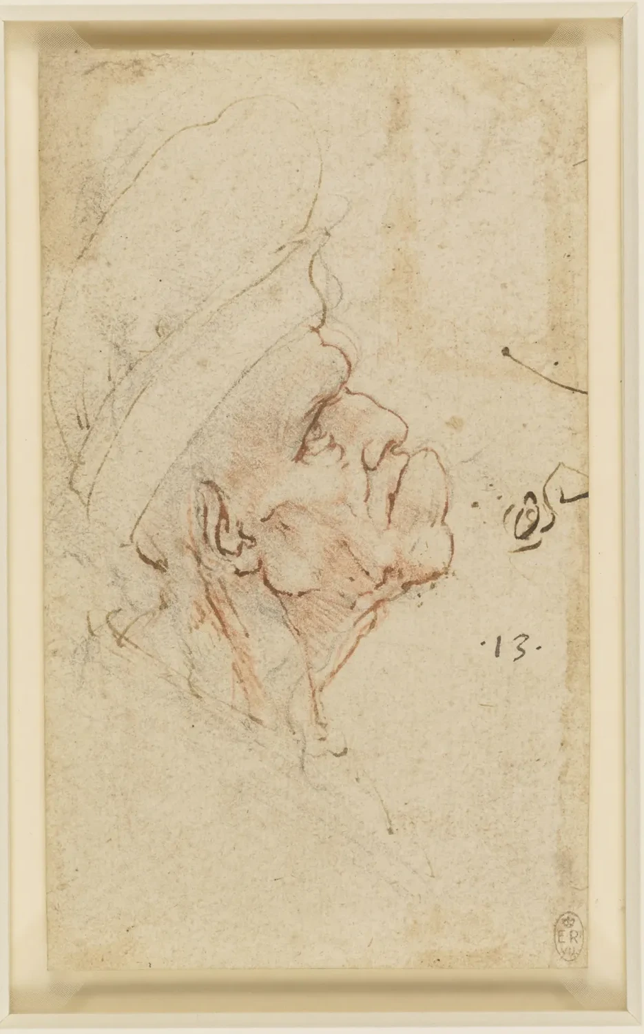 Tête grotesque d'un vieillard au chapeau, vu de profil, Léonard de Vinci