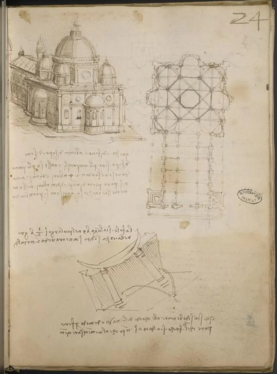 Ground Plan and Perspective Elevation of a Centralized Building and other Architectural Studies, Leonardo da Vinci