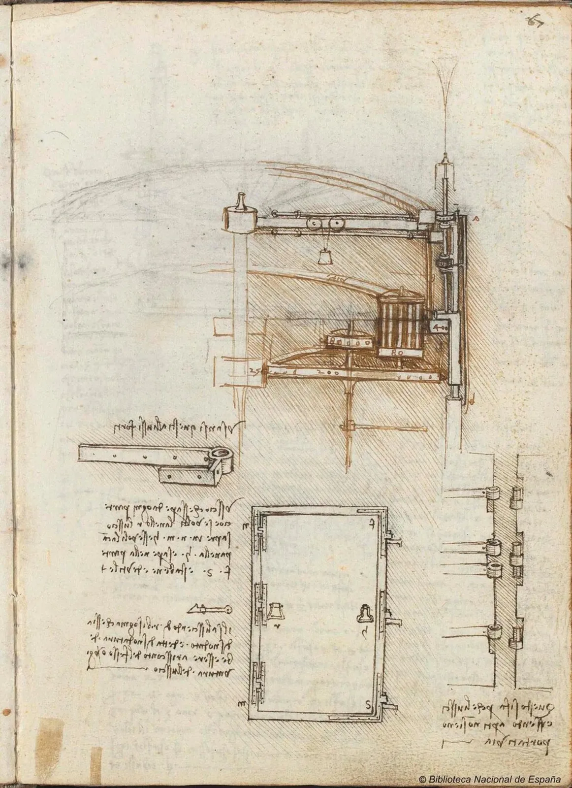 Poignées et gonds d'une porte s'ouvrant dans les deux sens, Léonard de Vinci
