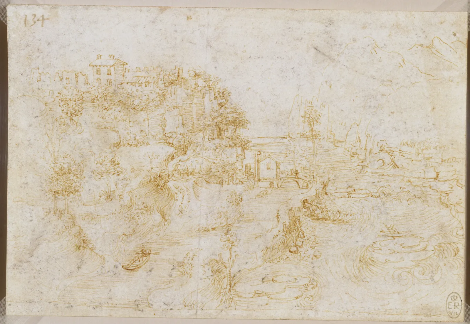 Maisons au-dessus d'un canal longeant une rivière sinueuse, Léonard de Vinci