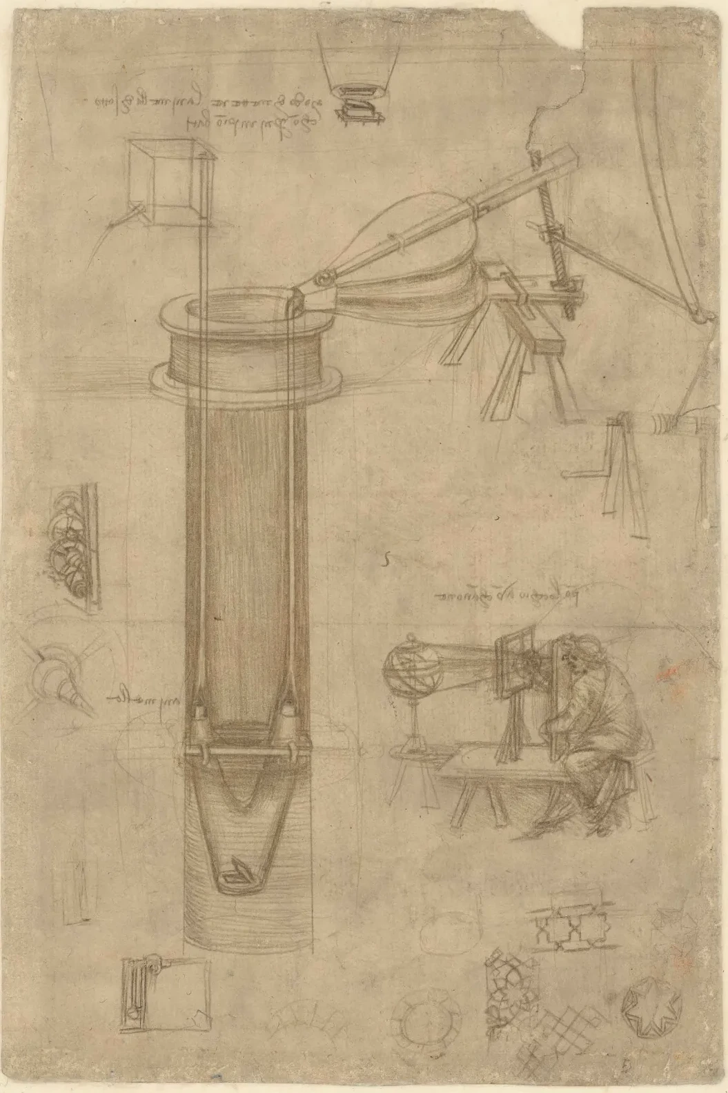 Dispositifs hydrauliques et étude d'un personnage devant un « perspectographe », Léonard de Vinci