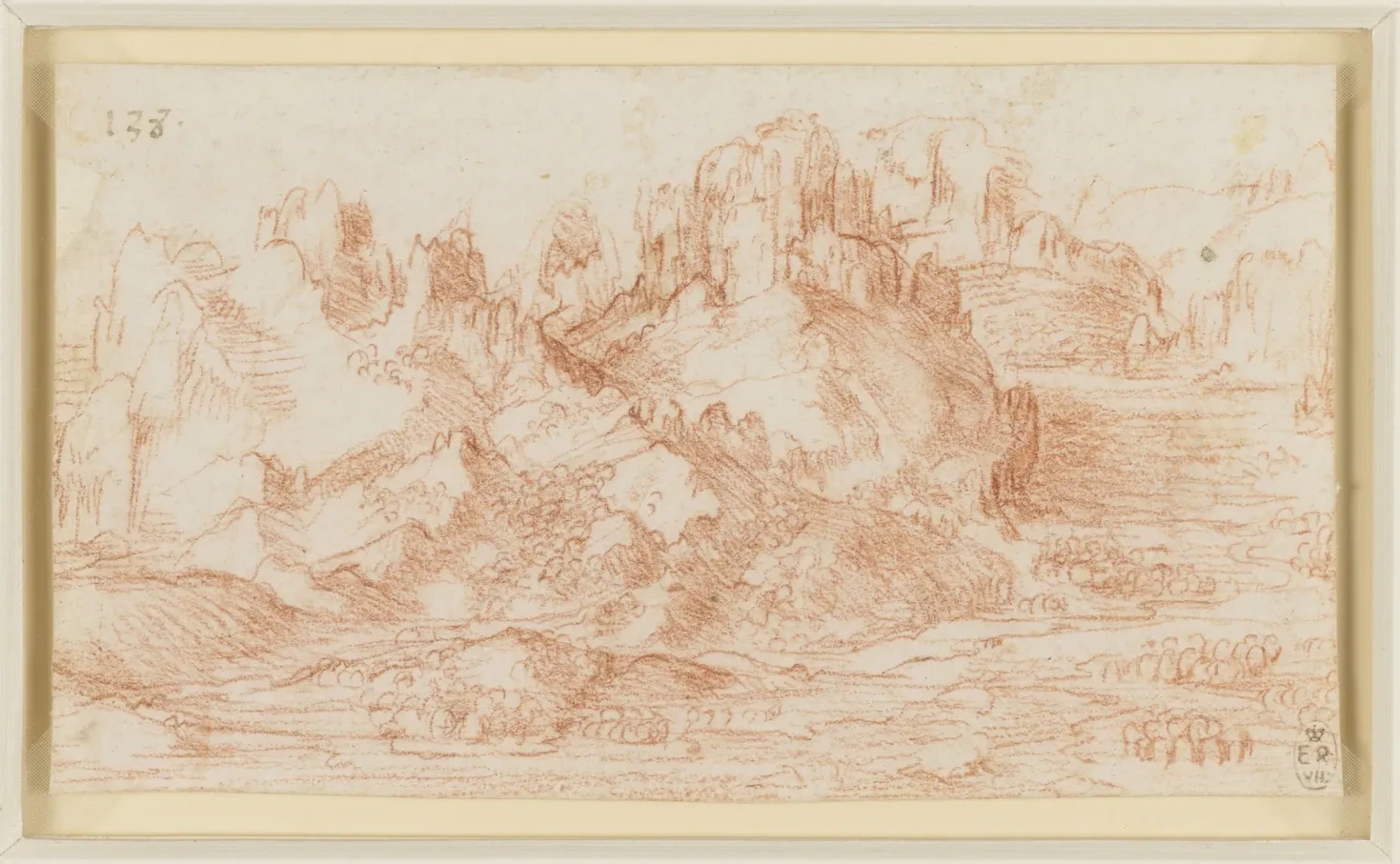Sommets et contreforts avec une rivière au premier plan, Léonard de Vinci