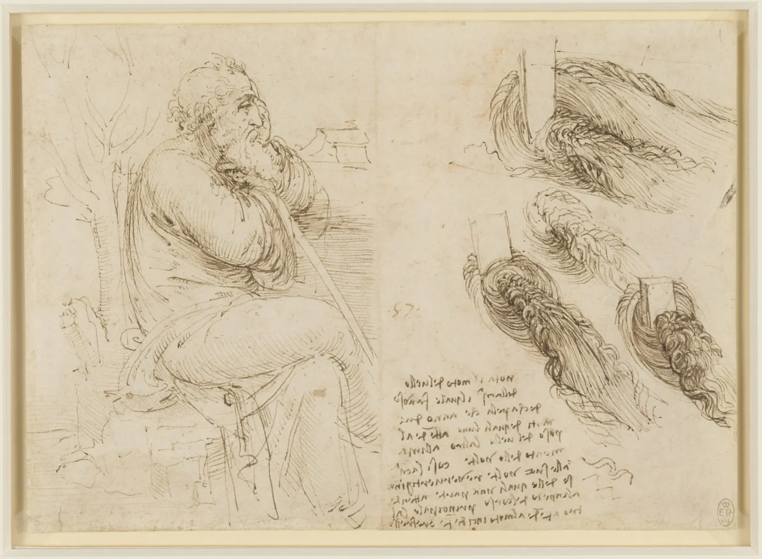 Old Man Seated on a Rocky Outcrop, Seen in Profile to the Right, with Water Studies, Leonardo da Vinci