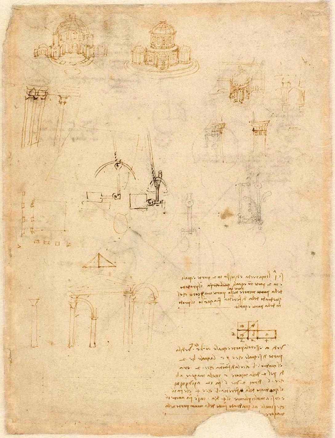 Coupe en perspective d'un édifice à plan centré et projet d'un édifice à plan centré, Léonard de Vinci