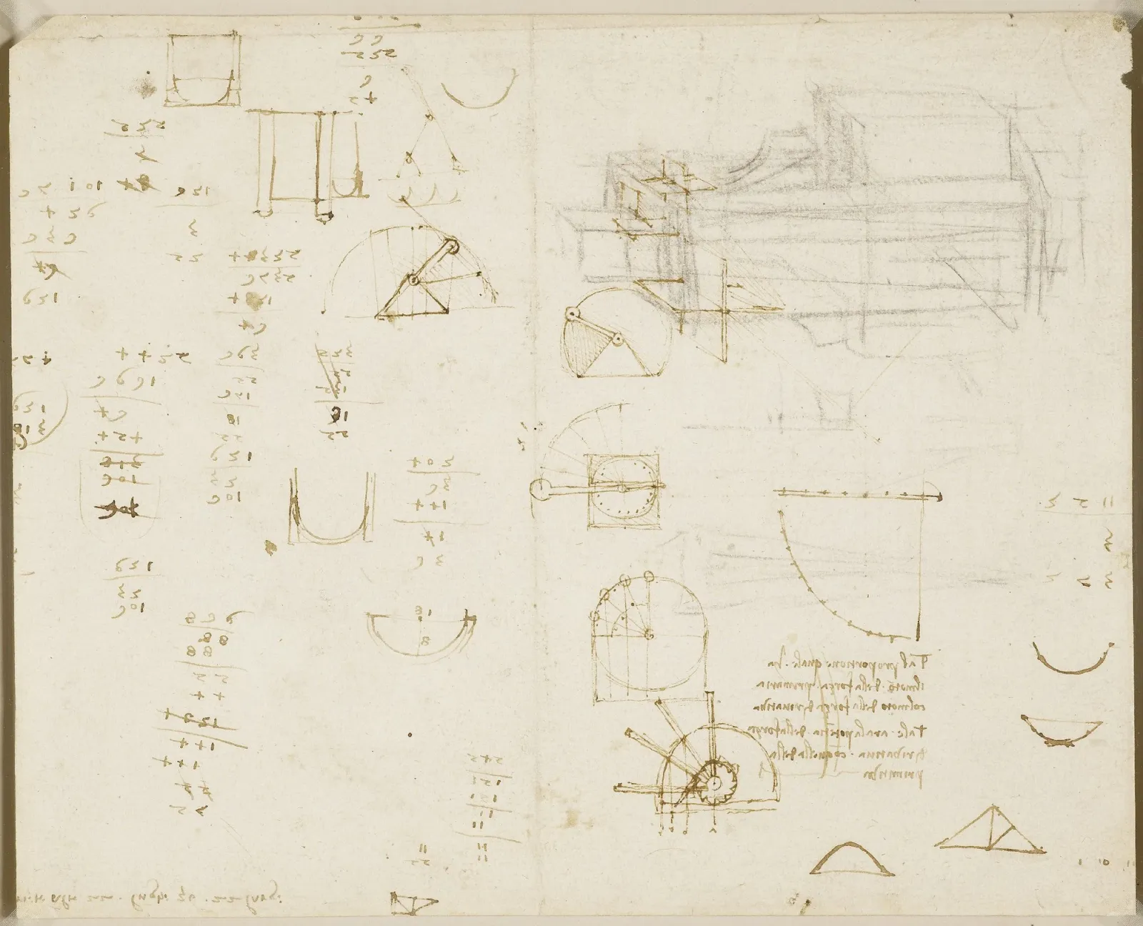 Recto: Sketches for the Last Supper, and other studies. Verso: Calculations with architectural, engineering, and geometric sketches, Leonardo da Vinci