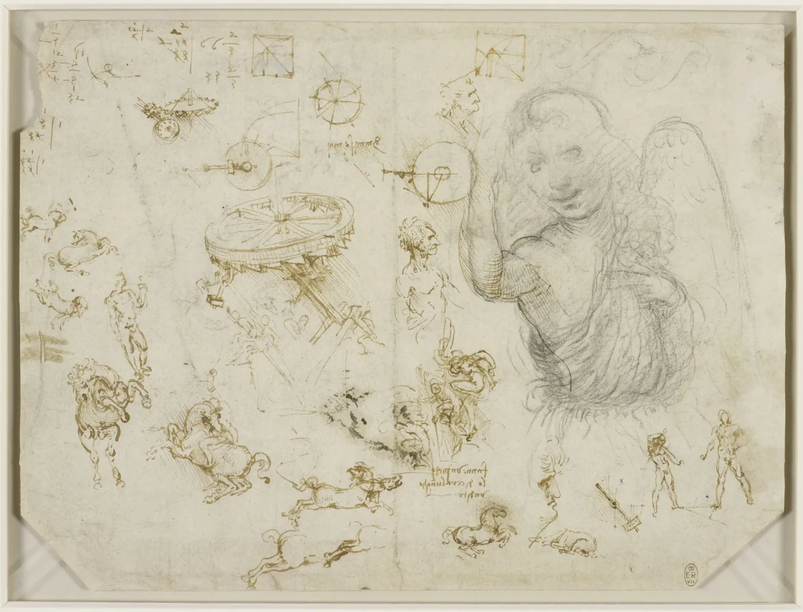 Sheet of Sketches of an Angel and Various Studies of Machines, Horses and Riders, Leonardo da Vinci