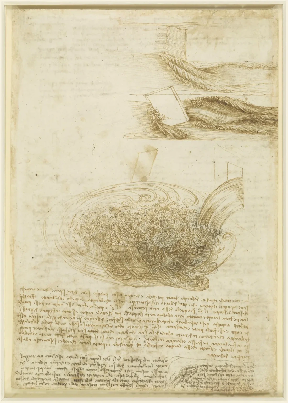 Feuille d'études de l'eau s'écoulant autour d'obstacles et croquis d'un tourbillon, Léonard de Vinci