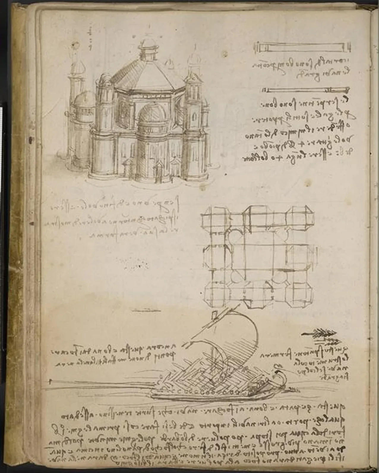 Études pour un édifice à plan centré et croquis d'un navire, Léonard de Vinci
