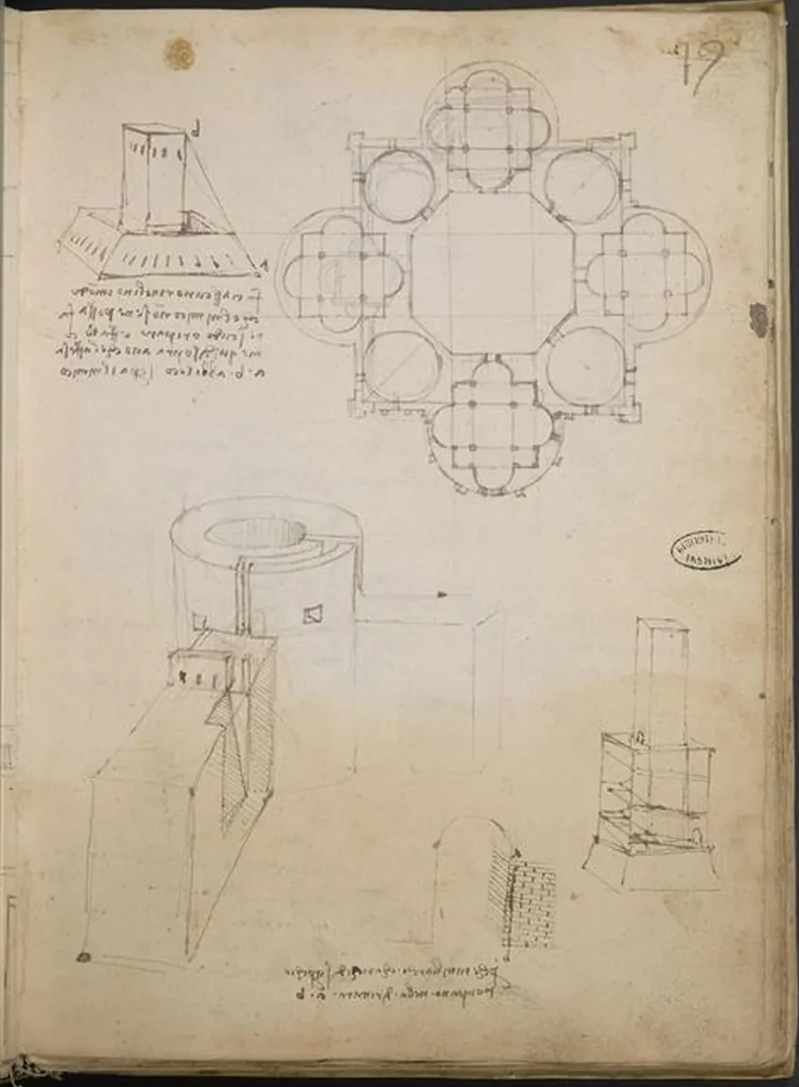 Études pour un édifice à plan centré et croquis d'une forteresse, Léonard de Vinci