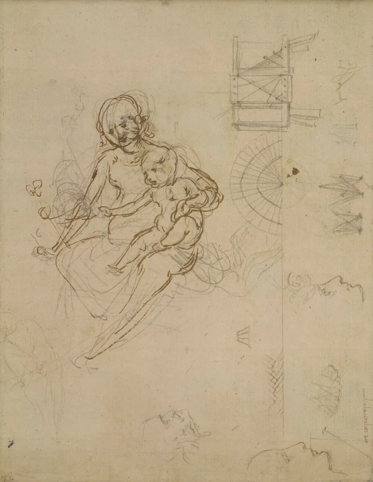 Studies for a Virgin and Child and of Heads in Profile and of Machines, Leonardo da Vinci