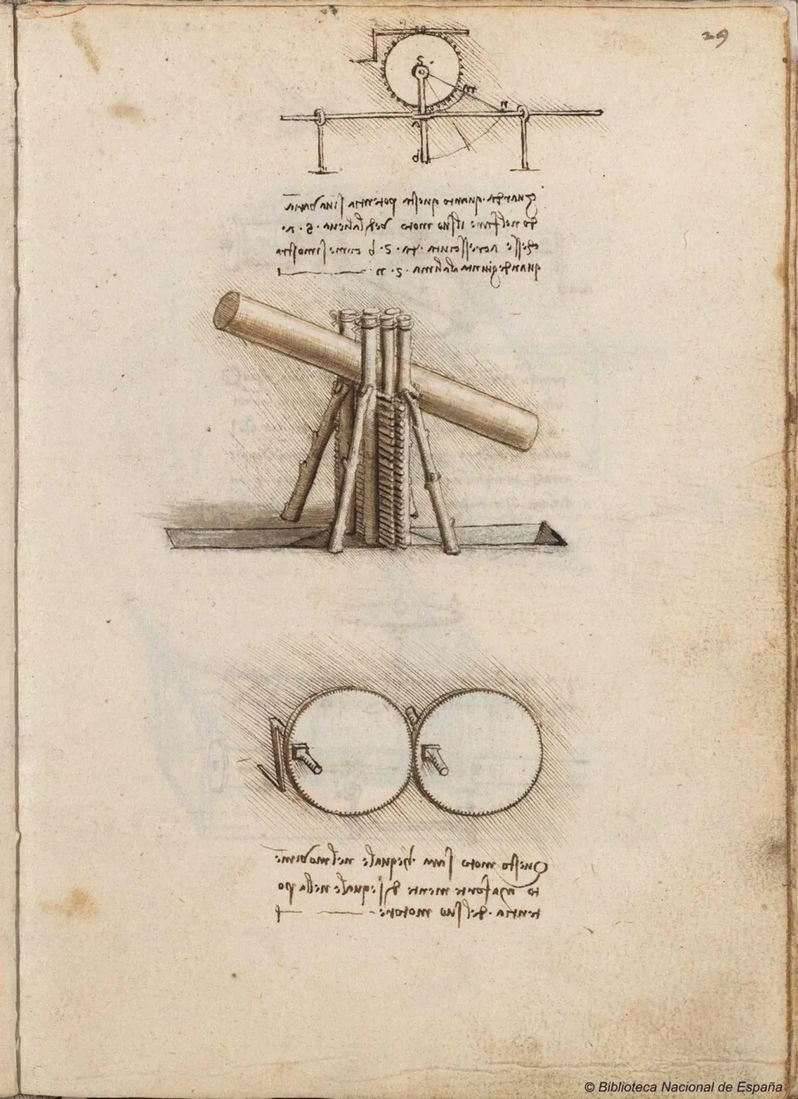 Études de transmission de la force et du levage d'une poutre, Léonard de Vinci
