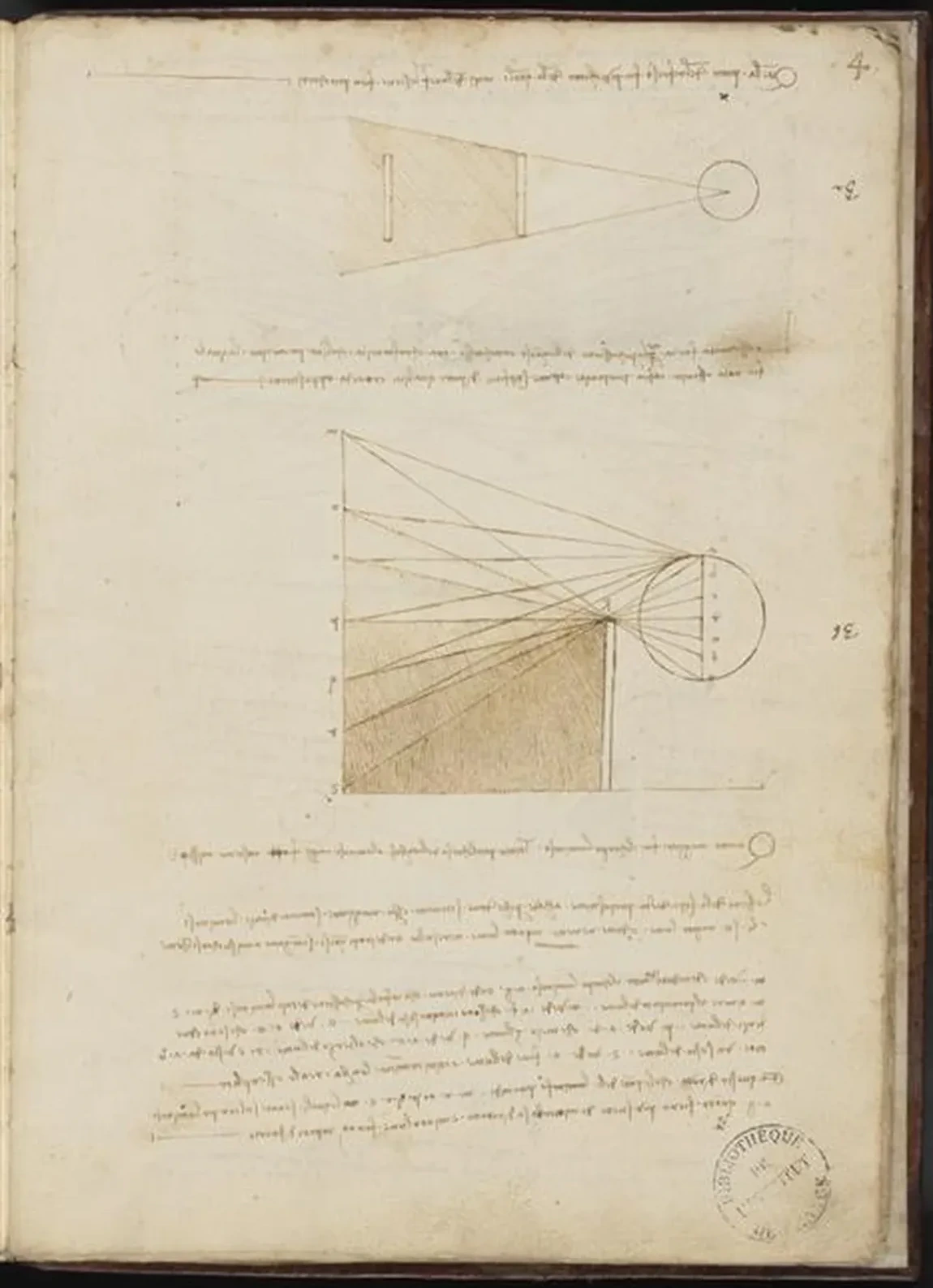Études de l'effet des rayons lumineux et des rayons obscurs derrière un obstacle, Léonard de Vinci