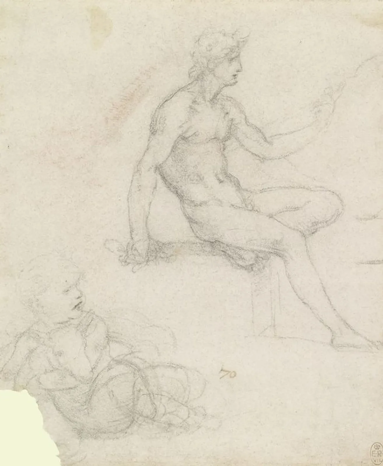 Study of a Seated Male Nude and Sketch of a Child with a Lamb in its Arms, Leonardo da Vinci